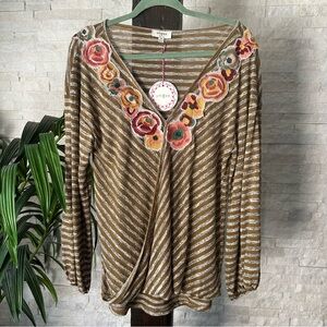 UMGEE Boho embroidered Stripe Floral V Boho Neck Faux Wrap Blouse Size M NWT